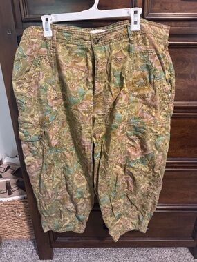 Anthropologie Floral Cargo Pants in Olive Green and Pastel Pink